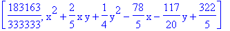 [183163/333333, x^2+2/5*x*y+1/4*y^2-78/5*x-117/20*y+322/5]